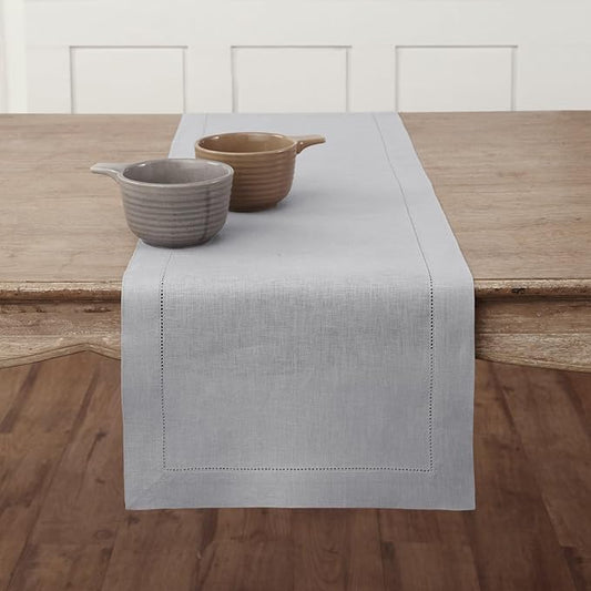 Solino Home Linen Soft Grey Table Runner 132 Inches Long - 100% Pure Linen Extra Long Table Runner 14 x 132 Inch for Fall, Autumn, Thanksgiving, Christmas - Classic Hemstitch