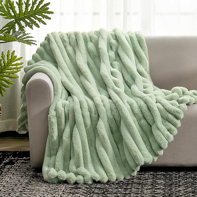 Cozy Bliss Faux Fur Throw Blanket for Couch, Cozy Warm Plush Striped Blanket for Sofa Bedroom Living Room, 60 * 80 Inches Sage Green
