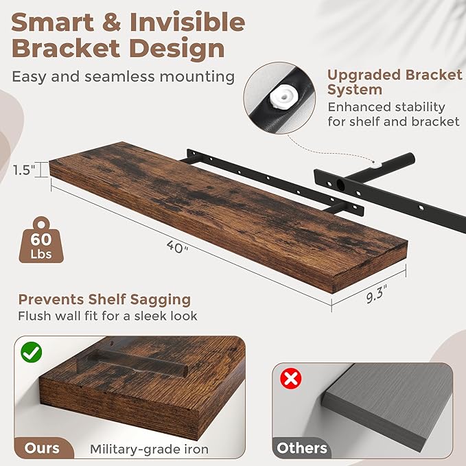 Floating Shelves for Wall with Invisible Brackets, Wall Mounted Engineered Wood Shelves with Wood Grain for Living Room, Bathroom, Kitchen Decor and Storage, Oak, 40"L Set of 2, Rustic Brown