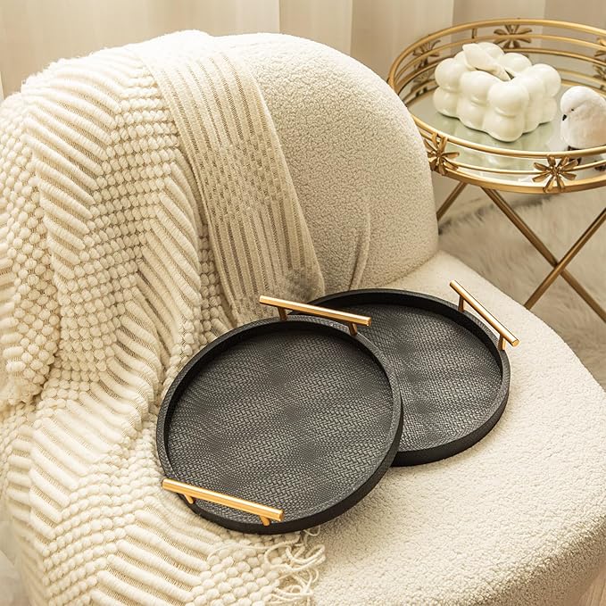 2 Piece Black Round Serving Tray with Handles, Woven-Texture Faux Leather Ottoman Tray for Living Room, Decorative Tray for Coffee Table Home Decor