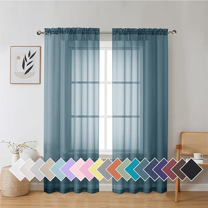 Aiyufeng Dusty Blue Sheer Curtains 72 Inch Length 2 Panels Set, Light Filtering Airy Rod Pocket Dusty Blue Window Curtain Treatment Drapes for Kitchen Bedroom Living, Each 42Wx72L Inches