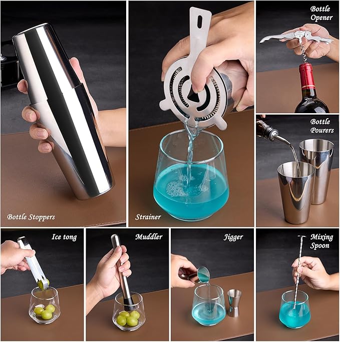 Cocktail Shaker Set Bartender Kit : 15-Piece Bar Tool Set with Acrylic Stand Bars Set with All Practical Bar Accessories, for Drink Mixing, Bar, Home, Lounge & Party, Silver