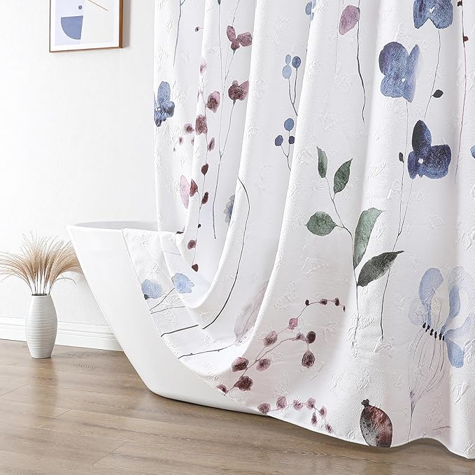 QIYI Watercolor Wildflowers Shower Curtain, Minimalist Floral Cloth Bath Curtain, 3D Embossed Butterflies Botanical Plants Flower Bathroom Decor, Waterproof Fabric Shower Curtain Set with Hooks, 72x72
