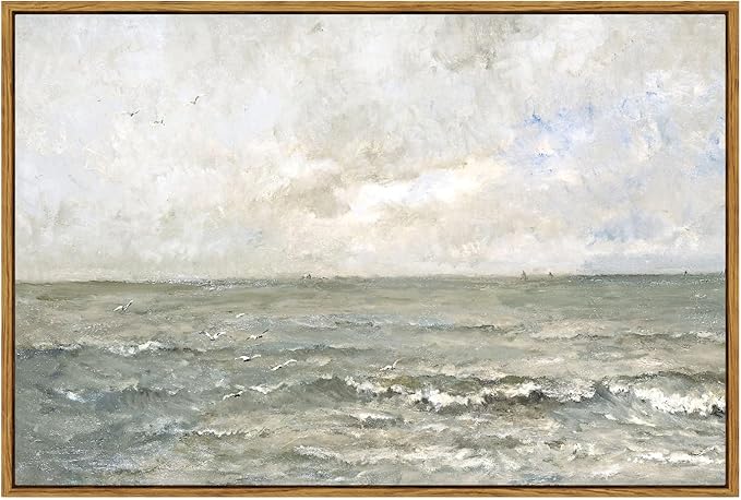 VIYYIEA Ocean Landscape Large Framed Wall Art, Seascape Vintage Paintings Art Decor Aesthetic, Canvas Print Artwork, Calming Sea Wall Pictures for Bedroom Bathroom Office, 24x36 Inch