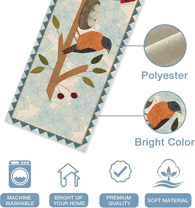 Seliem Spring Summer Birds Blue Table Runner, Cardinal Chickadee Bluebird Branch Red Berry Kitchen Dining Table Decor, Flower Nest Egg Burlap Home Decoration Indoor Outdoor Party Supply 13 x 72 Inches