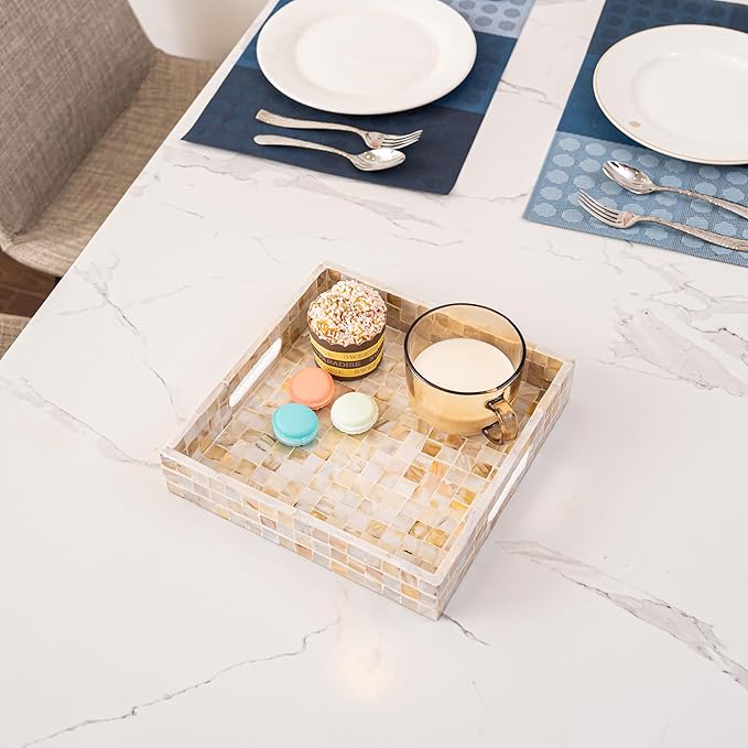 PEMAR 10" Mother of Pearl Catchall Tray for Coffee Table, Entryway, Nightstand. Square Serving Tray Wooden Luxury Decorative Handmade Eating Platters w Insert Handles (White Cream Squares Pattern)