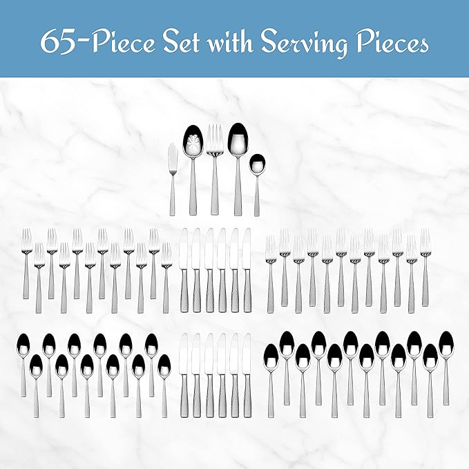 Mikasa Oliver Satin Flatware Set for 12, 65 Piece 18/10 Stainless Steel Silverware with Stylish Satin Finish and Serving Utensils, Durable Dinnerware Service