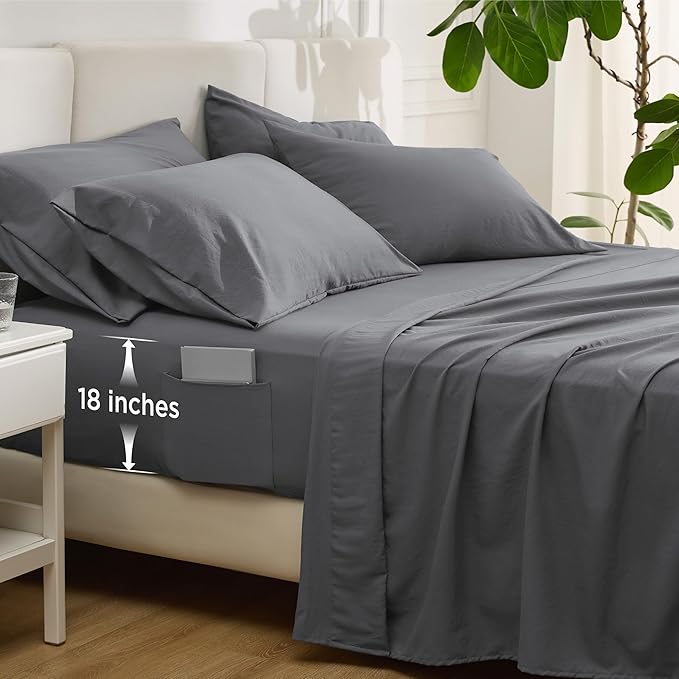 Bedsure Deep Pocket King Sheet Set - 6 Piece, Prewashed Ultra-Soft King Size Sheets Set, Fits Mattresses Up to 18 Inches Thick, Breathable & Secure Fit, Hotel Luxury Bedding, Grey