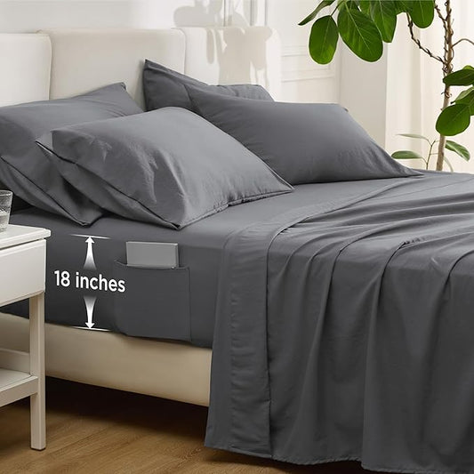 Bedsure Deep Pocket King Sheet Set - 6 Piece, Prewashed Ultra-Soft King Size Sheets Set, Fits Mattresses Up to 18 Inches Thick, Breathable & Secure Fit, Hotel Luxury Bedding, Grey