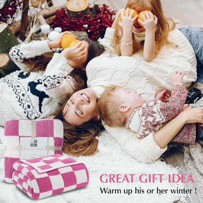 WRENSONGE Checkered Throw Blanket, Hot Pink Soft Cozy Fluffy Warm Hand Made Throw Blankets for Couch, Sofa, Chair, Bed, Camping, Picnic, Travel Lightweight Bed Blanket - 50"*70"