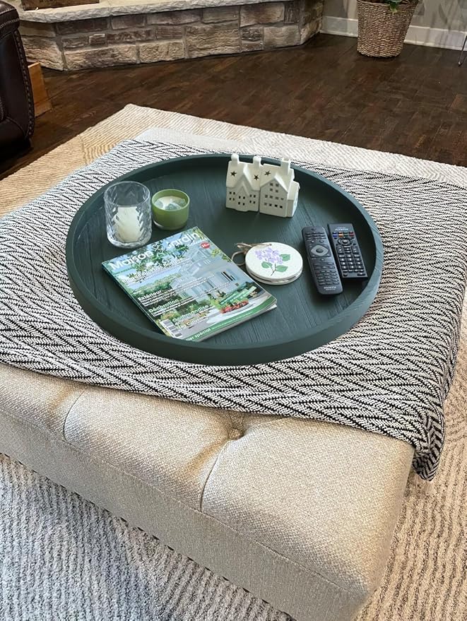 Round Ottoman Table Tray Round-24 - Rustic Wooden Serving Tray for Farmhouse Decorative Oversized Coffee Table Trays Living Room Kitchen Counter Breakfast Green