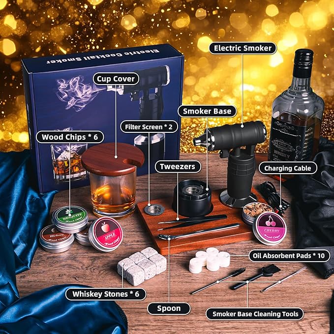 Whiskey Smoker Electric Set Bourbon for Men Old Fashioned Smoker Drink with 6 Wood Chips and 6 Whiskey Stones Food and Cocktail Smoked Kitchen Bar Tools Cool White Elephant Gifts Black
