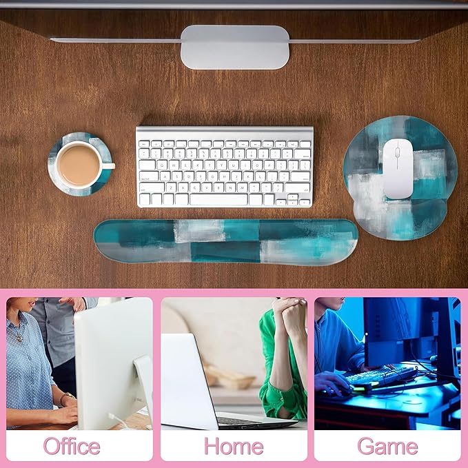 Turquoise and Grey Abstract Art Painting Mouse Pad with Wrist Rest and Keyboard Wrist Rest Set,Non-Slip Rubber Base Memory Foam Mouse Pad Set for Women, Office Desk Accessories, Gaming