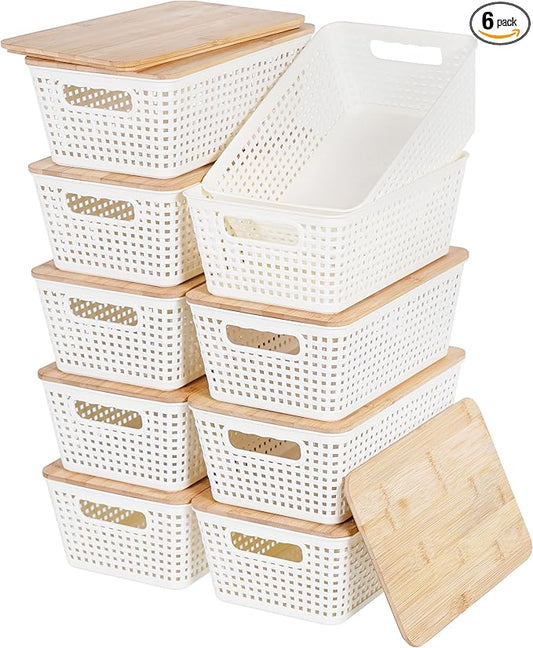 Storage Bins with Lids 10 Packs, Plastic Storage Bins with Bamboo Lids for Pantry Organization and Storage Containers for Shelves Drawers Desktop Closet Playroom Classroom Office Home, White
