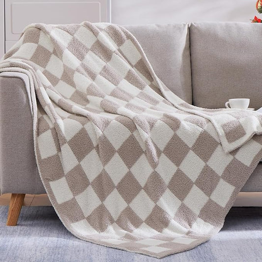 WRENSONGE Fall Checkered Throw Blanket, Taupe Soft Cozy Fluffy Warm Throw Blankets for Couch, Sofa, Chair, Bed, Camping, Picnic, Office,Travel Lightweight Bed Blanket - 50"*70"