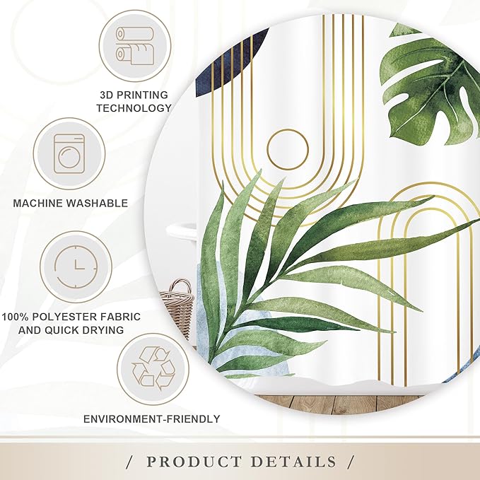 Glawry Boho Blue Green Shower Curtain Extra Long Abstract Mid Century Tropical Palm Leaf Modern Minimalist Plant Bathroom Geometric 72Wx78L Inches Bath Accessories Art Home Decor Fabric 12 Pack Hook