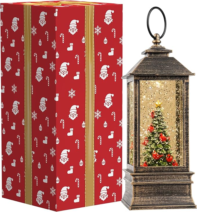 10" Lighted Christmas Tree Cardinal Music Snow Globe Water Lantern with Swirling Glitter Decoration for Christmas Home, Living Room, Battery Operated or USB Powered