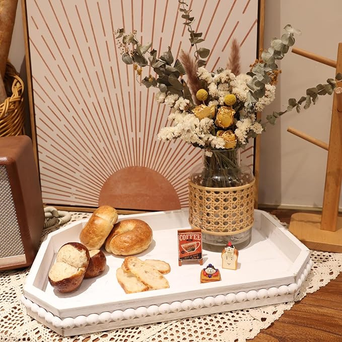 Whitewashed Wood Serving Tray with Beads, Farmhouse Decorative Tray for Table Centerpiece, Christmas Wedding Halloween Home Decor