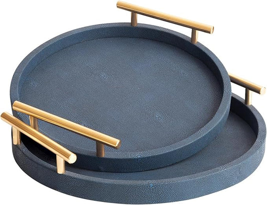 Modern Decorative Serving Tray, Round Shagreen Tray with Gold Polished Metal Handles, Decorative Trays Coffee Table Ottoman Trays for Living Room Bathroom Home Decor, Set of 2 (Blue)