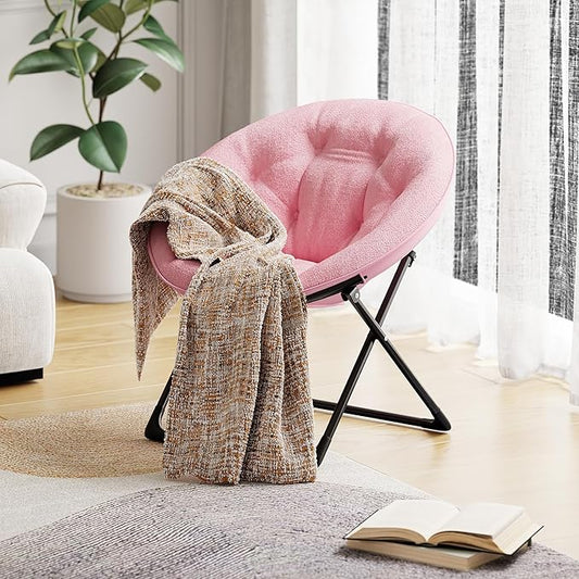 Saucer Chair, Faux Fur Circle Chair, Foldable Lounge Chair for Adults, Teens & Kids, Folding Moon/Mushroom/Round Style Comfy Accent Seat for Bedroom, Dorm & Gaming