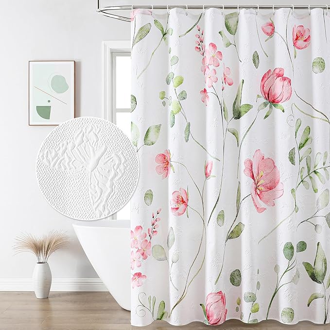 QiyI Watercolor Floral Shower Curtain, 3D Embossed Butterflies Pink Flower Bathroom Curtains, Minimalist Farmhouse Bath Curtain, Waterproof Fabric Green Leaves Shower Curtain Set with Hooks, 72x72