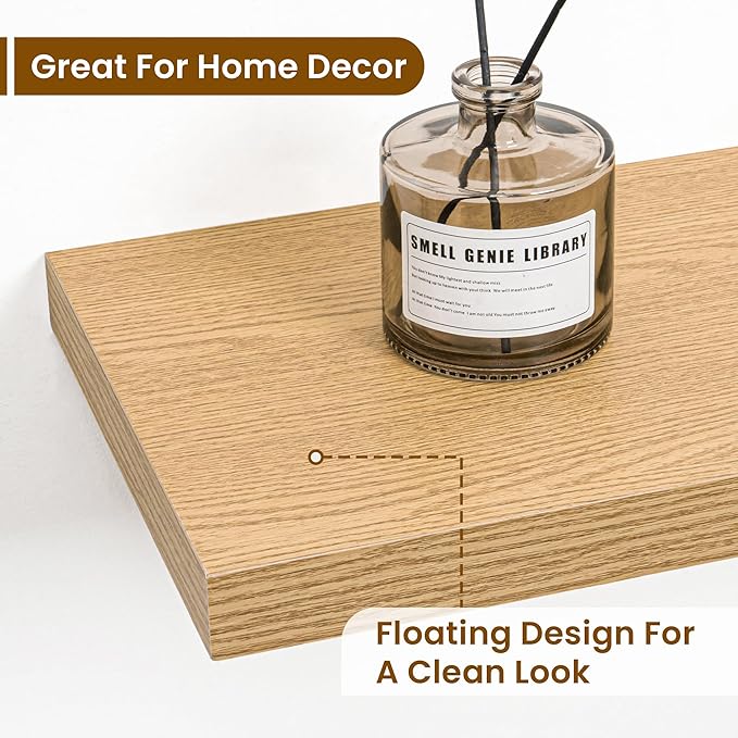 Fun Memories 55 Inch Fireplace Mantel Shelf -Long Floating Shelves, Deep Wall Mounted Farmhouse Display Shelves with Invisible Heavy Duty Metal Bracket, Oak, 2 Pack