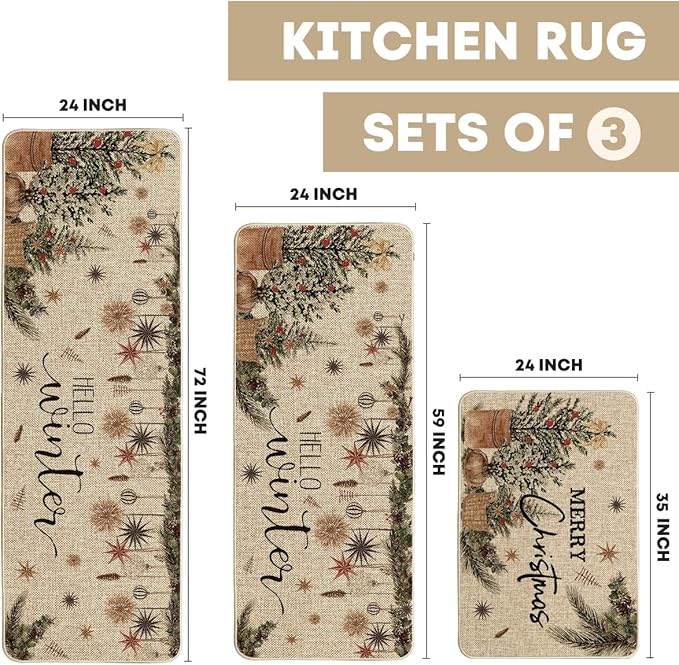 Artoid Mode Holly Ornament Merry Christmas Kitchen Mats Set of 2, Winter Home Decor Low-Profile Kitchen Rugs for Floor - 24"x36"+24"x59"+24"x72"
