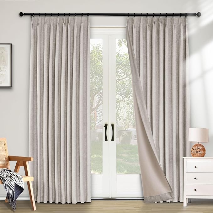 Macochico 100% Blackout Thermal Curtains Pinch Pleated Linen Curtains with Hooks Noise Reducing Curtains for Living Room Bedroom Nursery Kids Room with Tieback Light Apricot 72" Wx102 L 1 Panel