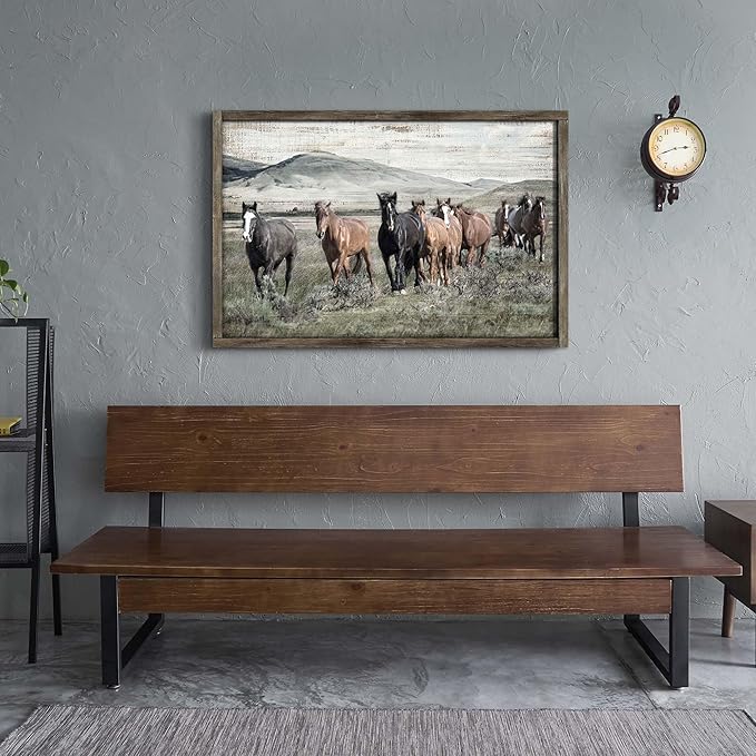 Horse Wall Art Framed Picture: Wild Animal Wooden Print Decor Large Wildlife Painting Artwork for Farmhouse Bedroom Living Room