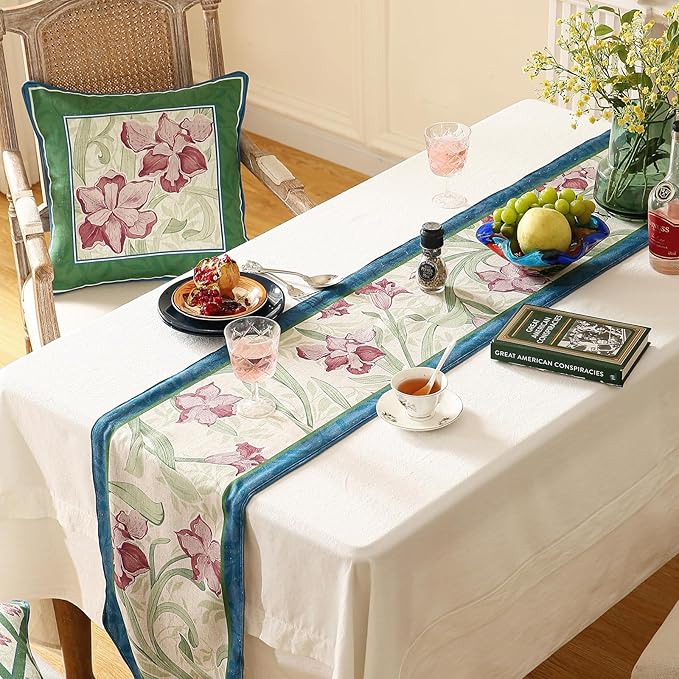 patdrea Designer Elegant Bright Linen Table Runner 87 Inch Long, Mauve Iris Floral Pattern Table Mat, Decoration for Kitchen Dining Table Coffee Table Shelf Cabinet Banquet Christmas ,12"*87"