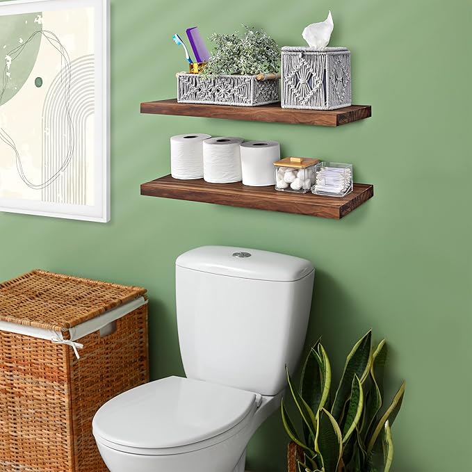 Sorbus Wood Floating Shelves for Wall - 24” Solid Wood Wall Shelves for Bathroom Decor, Books, Bedroom & Living Room - Set of 2 Walnut Wall Mounted Kitchen Shelves - Durable Solid Pine