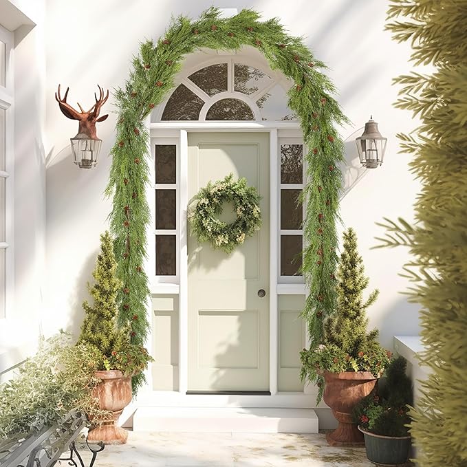 WBHome Real Touch Cypress Cedar & Pine Cone Evergreen Garland for Christmas Holiday Seasonal Outdoor/Indoor Home Decor, 9FT Long