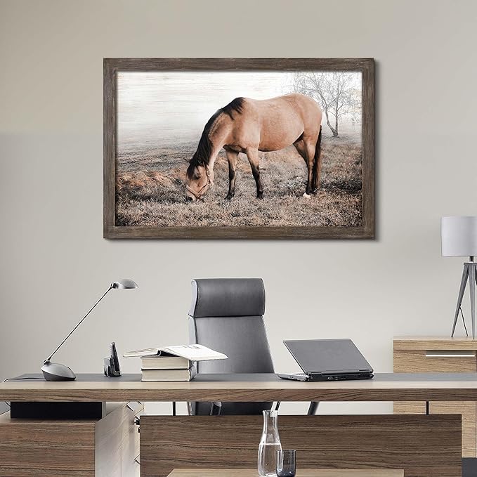Horse Wall Art Decor Bedroom: Large Wildlife Wood Framed Picture Western Grazing Animal Print Painting Wild Horse Artwork for Home Office Country Room 45 x 30 Inches