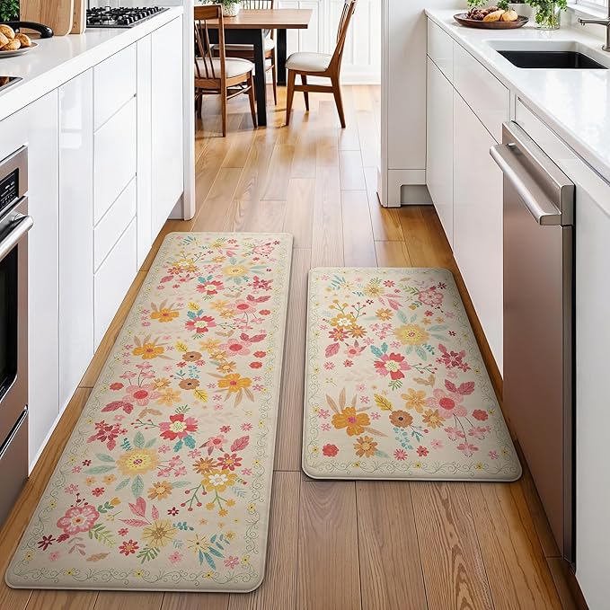 GENIMO Kitchen Mats for Floor 2PCS, Cushioned Kitchen Rugs Non Slip Washable, Farmhouse Anti Fatigue Mat Waterproof, Comfort Standing Mat Rug for Office, Home, Laundry, 17.3"x59"+17.3"x30", Beige