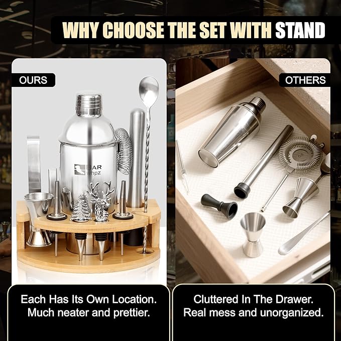 Cocktail Shaker Set Bartender Kit,Mixology Bartender Kit 13-Piece with Bamboo Stand,Professional Cocktails Kit with All Essential Accessory Tools for Drink Mixing Gift(with Silicone Pad)