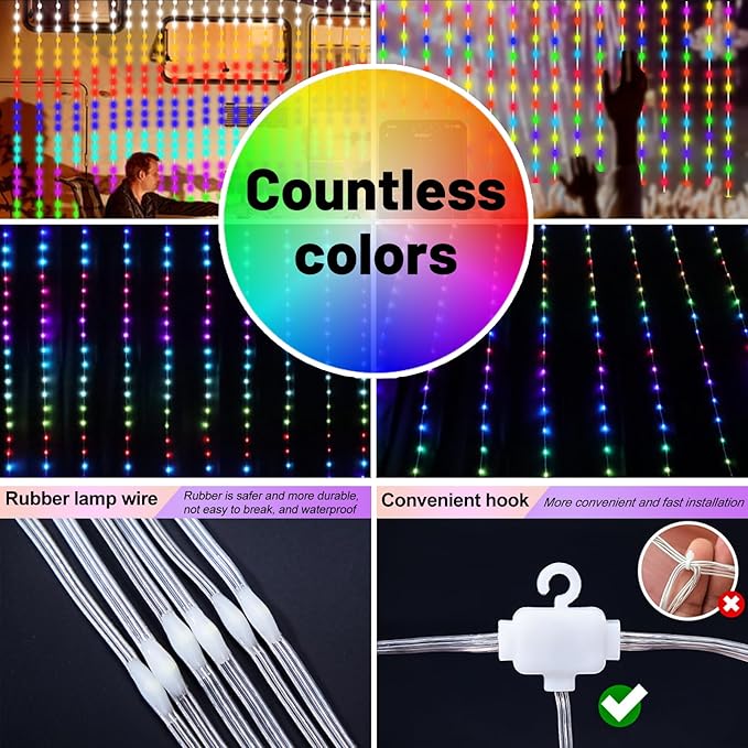 HXWEIYE 300LED Fairy Curtain Lights, 9.8x9.8Ft Unlimited RGB Colors Changing with Remote & APP Control,Smart Hanging Fairy String Lights, Music &Voice Sync,USB Christmas led Lights for Party Bedroom