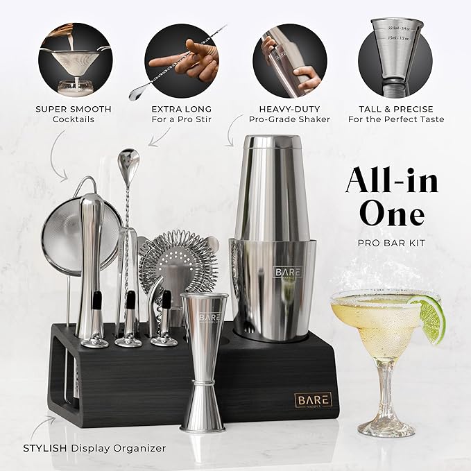 BARE BARREL® Mixology Bartender Kit Bar Set | 14-Piece Cocktail Shaker Set | Martini Barware Mixing Tools for Home Bartending | Incl. 35 Recipe Cards | Gift Set (28oz Boston Shaker, Silver/Black)