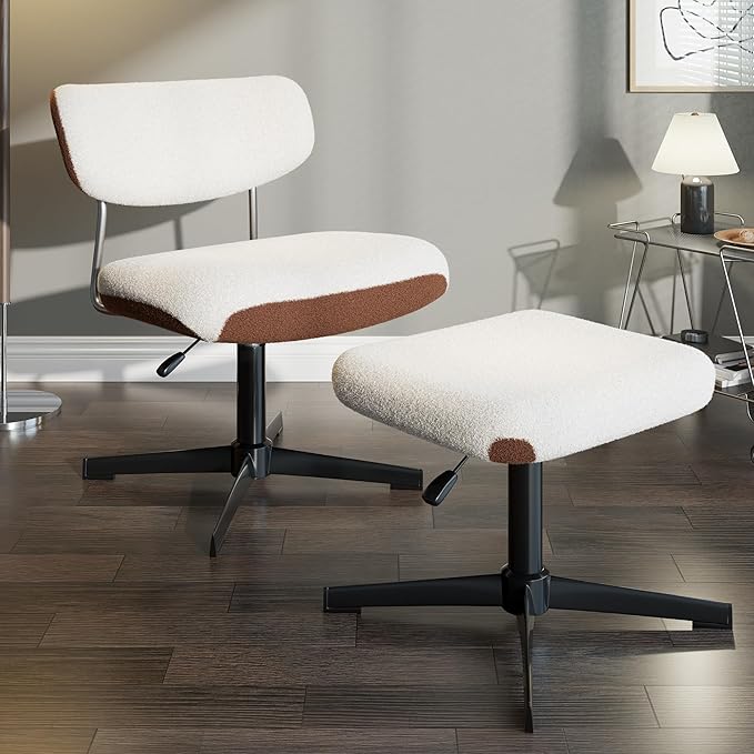 Swivel Criss Cross Chair, Accent Chair with Ottoman Set, Modern Armless Chair with Ergonomic Backrest, Comfy Chair with Boucle Upholstered Seat, No Wheels, White & Brown