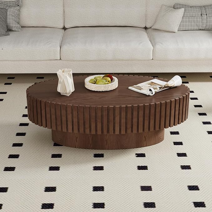 Modern Wood Oval Coffee Table - Handcraft Drum Coffee Tables with Sturdy Base, Easy Assembly, Contemporary Style Small Coffee Table Tea Table for Living Room, Bedroom, Office (Brown Oval)