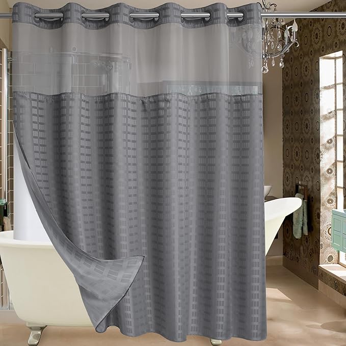 Conbo Mio Extra Wide No Hook Shower Curtain with Snap in Liner Set, 108" x 74" Hotel Luxury Grey Shower Curtains for Bathroom with See Through Top Window, Waterproof, Washable 108W x 74H