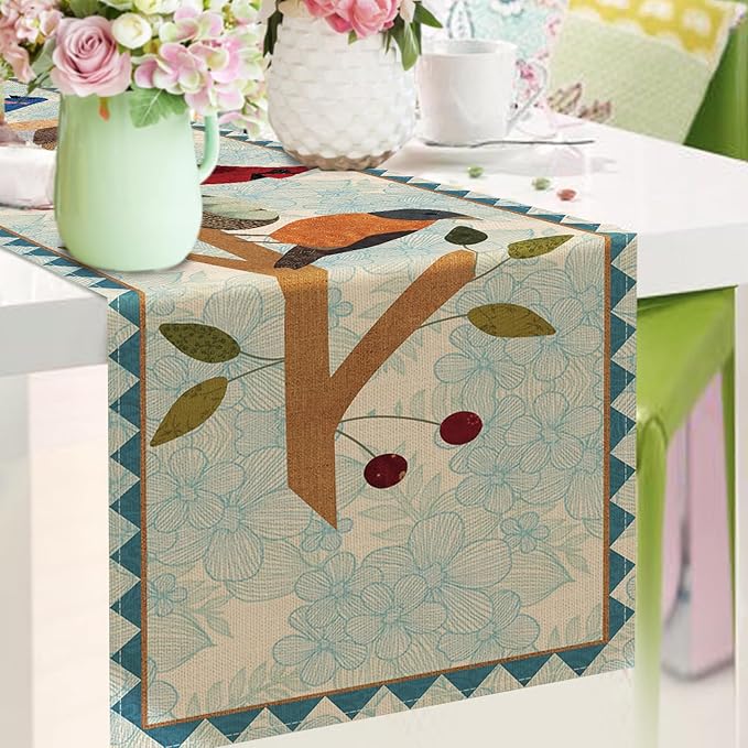 Seliem Spring Summer Birds Blue Table Runner, Cardinal Chickadee Bluebird Branch Red Berry Kitchen Dining Table Decor, Flower Nest Egg Burlap Home Decoration Indoor Outdoor Party Supply 13 x 72 Inches
