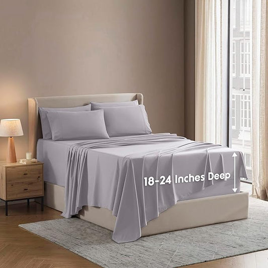 Nestl Extra Deep King Sheet Set - 6 Piece Breathable & Cooling Sheets - Hotel Luxury Bedding Set w/18-24 Inch Deep Pockets - Easy & Secure Fit - Super Soft, Wrinkle Free & Comfy - Gray Lavender