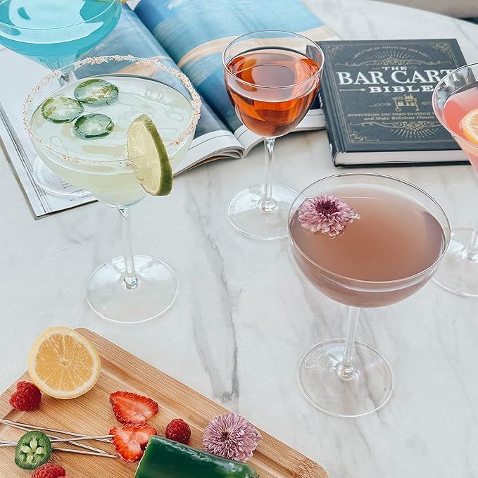 PURE MORA Nick and Nora Glasses, Set of 4-6oz - Smaller Cocktail Glass for Bijou, Old Pal, Aperitifs, Negroni, Vermouth, Wine, etc. Hand Blown Premium Crystal - Classic Bartender Mixology Glassware