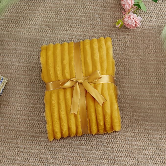 BEDELITE Fleece Throw Blanket for Couch - 300GSM Soft & Warm Fluffy Mustard Yellow Blanket, Decorative and Giftable Striped Blankets for Women, Men, 50"x60"