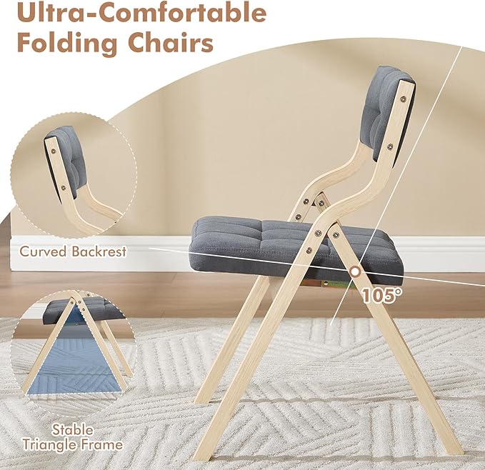 4-Pack Folding Dining Chairs with Cushion,Padded Foldable Dining Chairs,Portable Wooden Folding Chairs for Dining Rooms Kitchen Wedding and Party Indoor Darkgrey