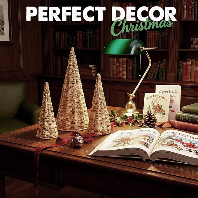 3pcs Woven Water Hyacinth Christmas Trees Decor, Artificial Christmas Tree Decorations for Home Party Table Village Craft Indoor Outdoor Vintage Christmas Decor(Natural)