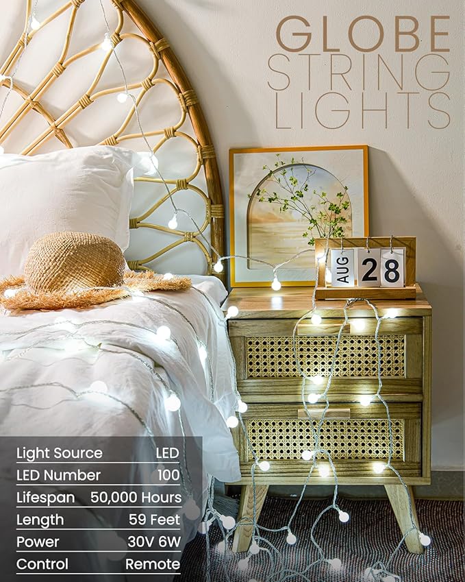 Globe String Lights 59 Ft 100 LED Fairy Lights Plug in with Remote Timer, Connectable Small Frosted Globe Christmas Lights for Bedroom Wedding Xmas Tree Indoor Outdoor Decor, Cool White