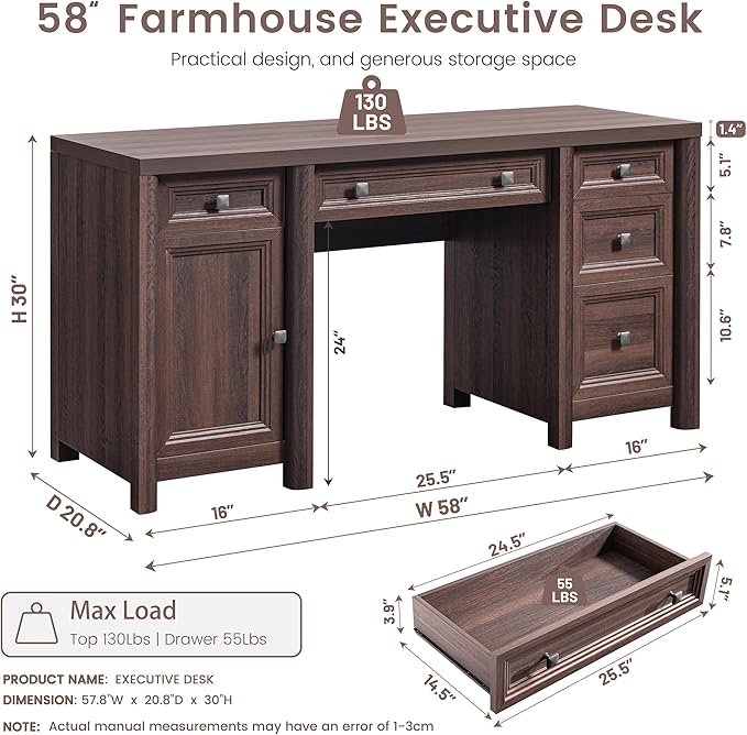 Farmhouse Computer Desk with 5 Drawers and Cabinet, 58” Executive Desk, Wood Home Office Desk with Ajustable Shelf, Rustic Writing Table with Knobs, Workspace for Study Room, Walnut