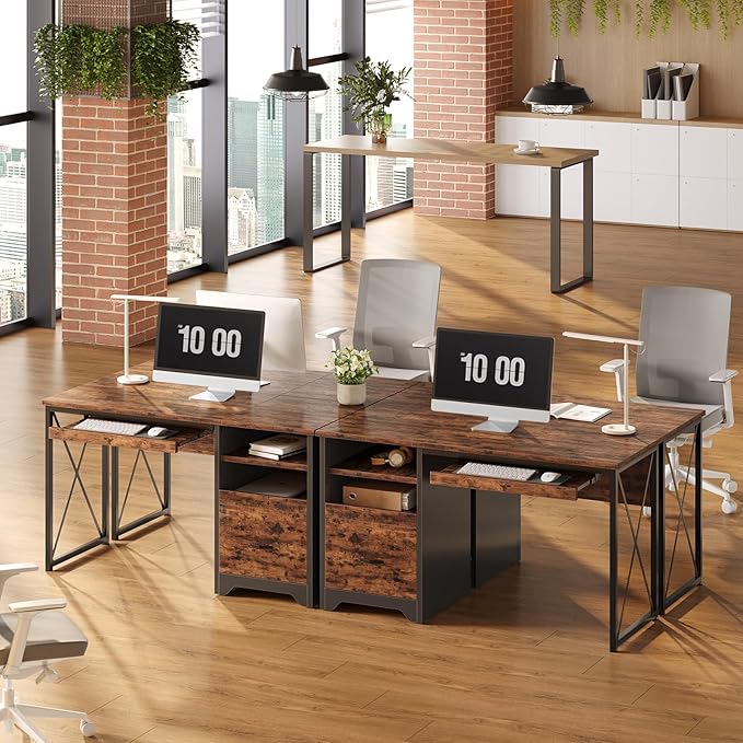 Bestier 47" Computer Desk with Drawers, Small Home Office Desk with Drawer, Reversible Industrial Office Desk with Storage & Keyboard Tray for Small Space Home Office & Studio, Rustic Brown