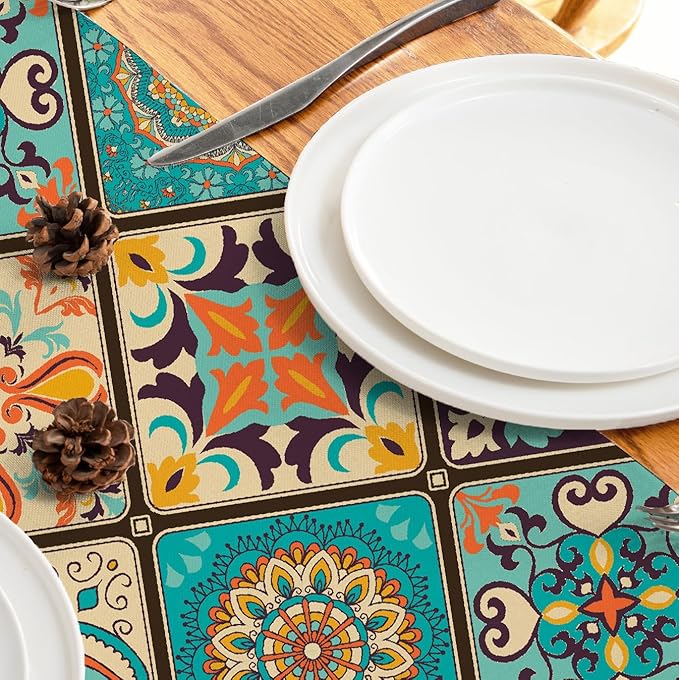 Boho Bohemian Table Runner 90 Inches Long, Vintage Seasonal Table Runners for Party Kitchen Dining Coffee Table Bedroom Dressers Indoor Outdoor, Machine Washable (Bohemian B, 13” x 90”)